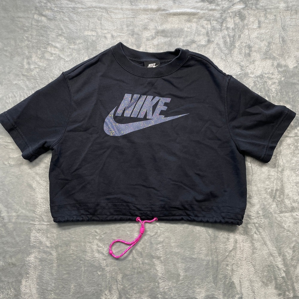 Nike Women Icon Clash Cropped Pullover t-shirt Black Drawstring Waist Size Small